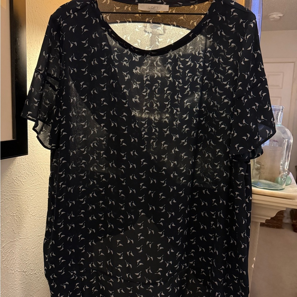 LOFT Women's Navy Sheer Blouse with White Pattern